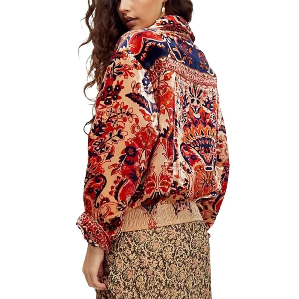 Free People Bailey Velvet Moto Sm Blue Red Floral Jacket Coat - Picture 6 of 7